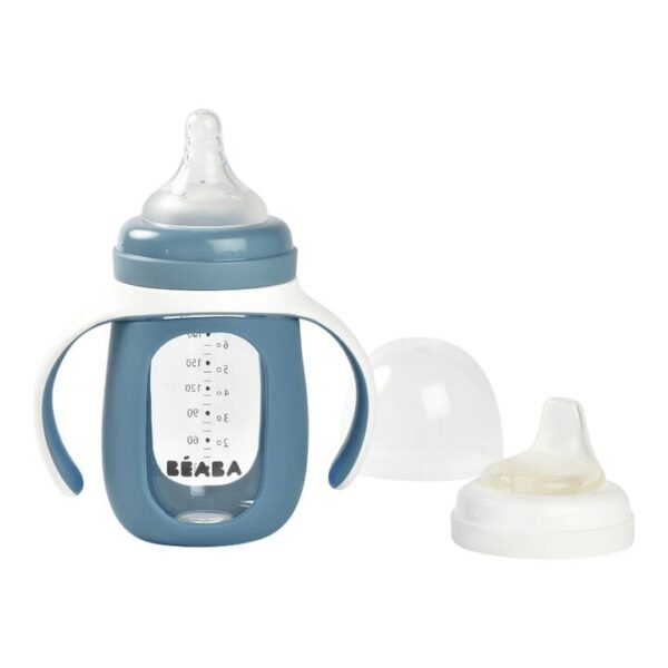 Beaba 2-in-1 Glass Learning Cup with Silicone Protective Sleeve 210ml - Windy Blue